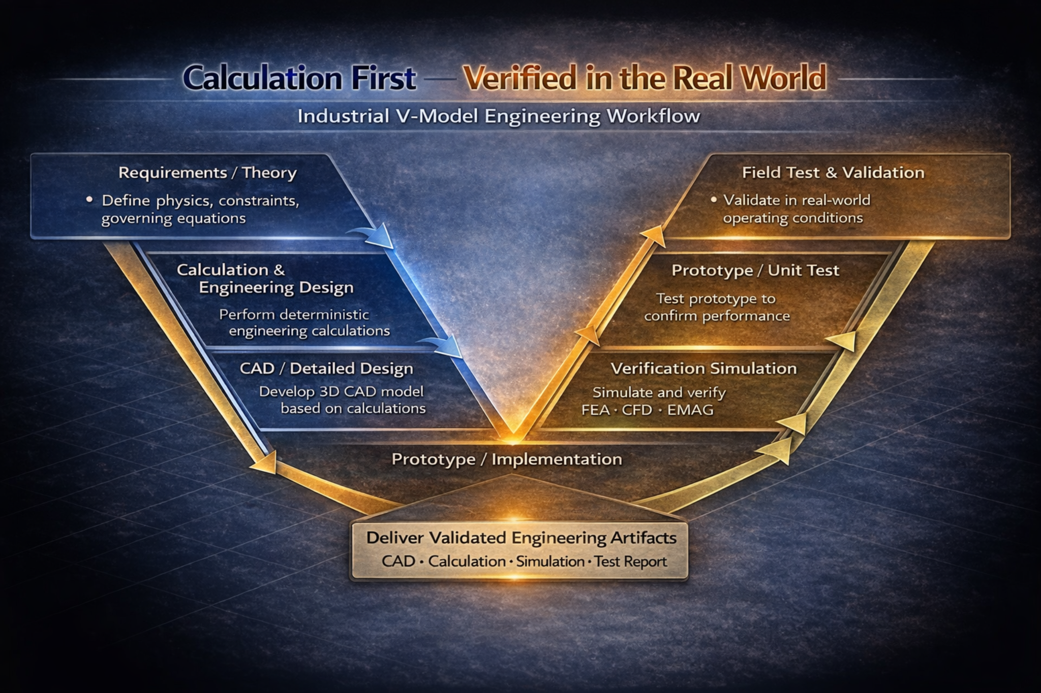 Industrial V-Model workflow: requirements -> calculation design -> CAD -> simulation verification -> unit test -> field verification (where feasible) (deliver verifiable artifacts)